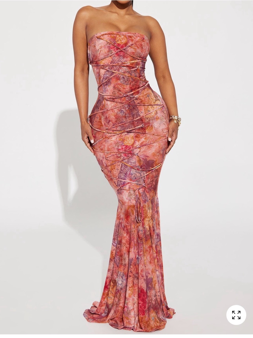 Fashion Nova Strapless Marble-Print Maxi Dress in Coral Rose